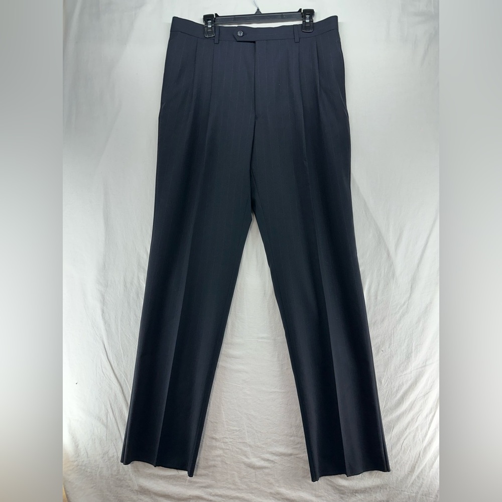 Jos A Bank Suit Separate Pants Wool Pleated Unhemmed Navy Blue Pinstripe Size 36